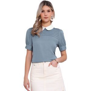 Vintage Peter Pan Collar Contrast Puff Short Sleeve Blouse Top Grey Blue